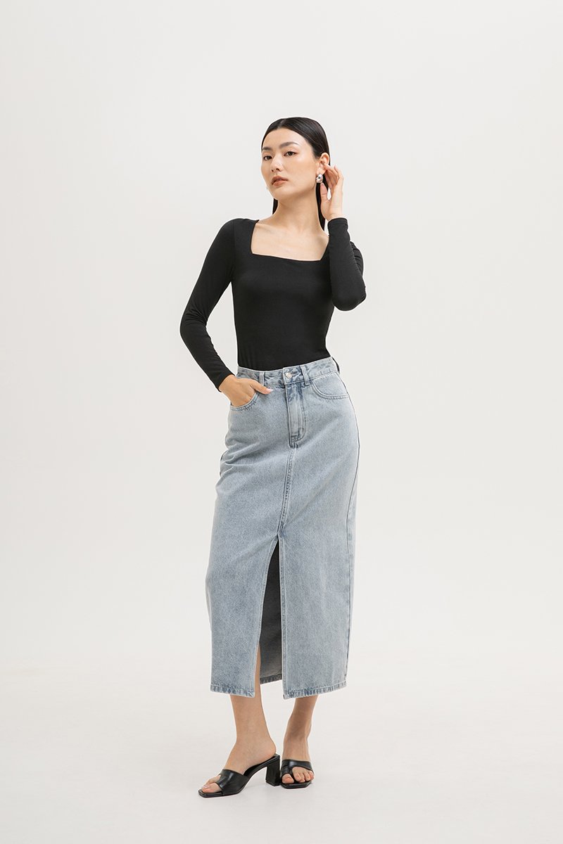 *BACKORDER* SADDIE DENIM MIDI SKIRT W SLIT