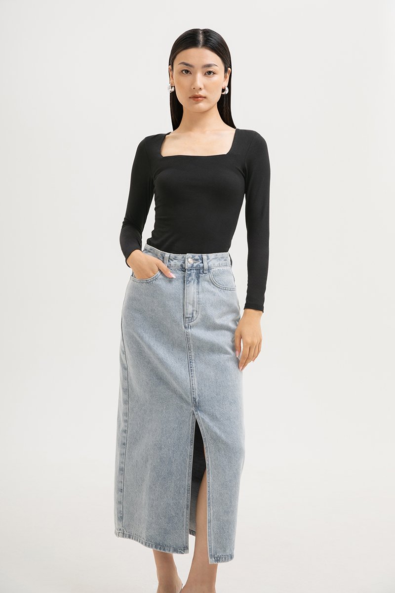 *BACKORDER* SADDIE DENIM MIDI SKIRT W SLIT
