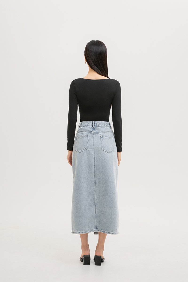 *BACKORDER* SADDIE DENIM MIDI SKIRT W SLIT