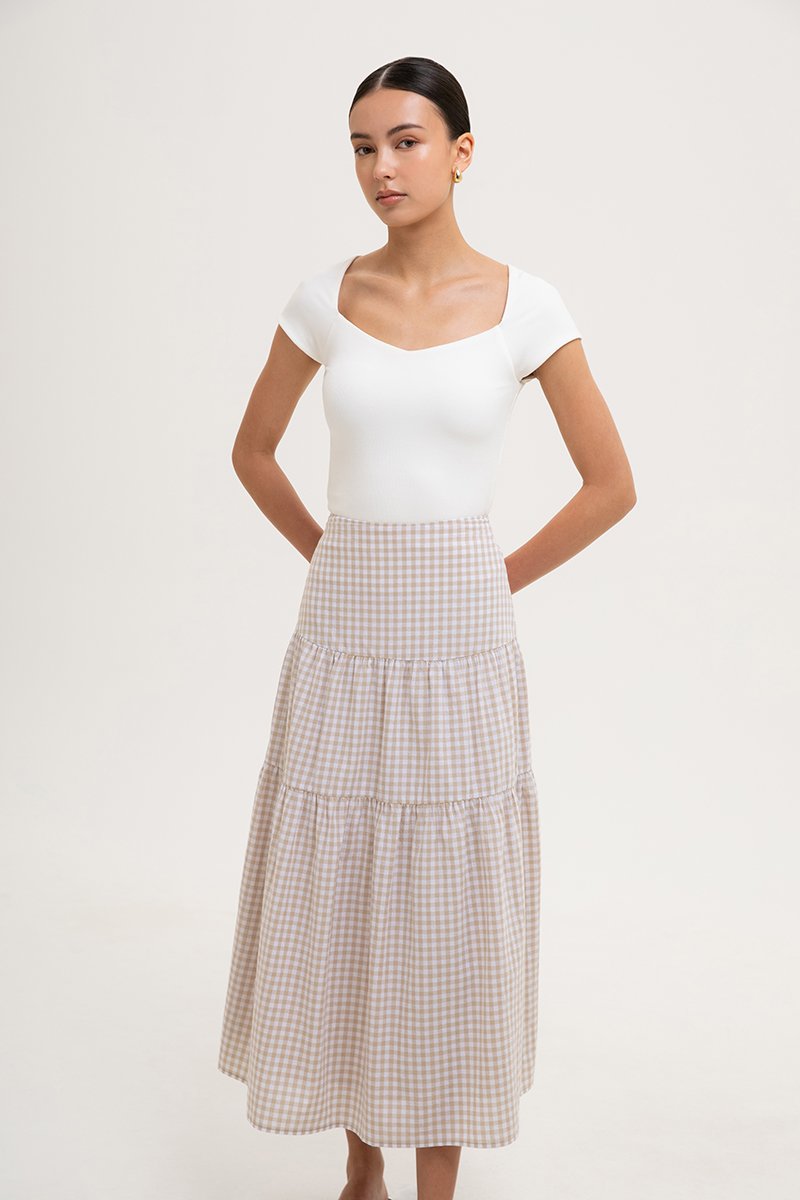 TARRA GINGHAM TIERED MIDI SKIRT
