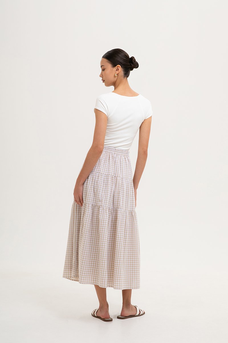 TARRA GINGHAM TIERED MIDI SKIRT