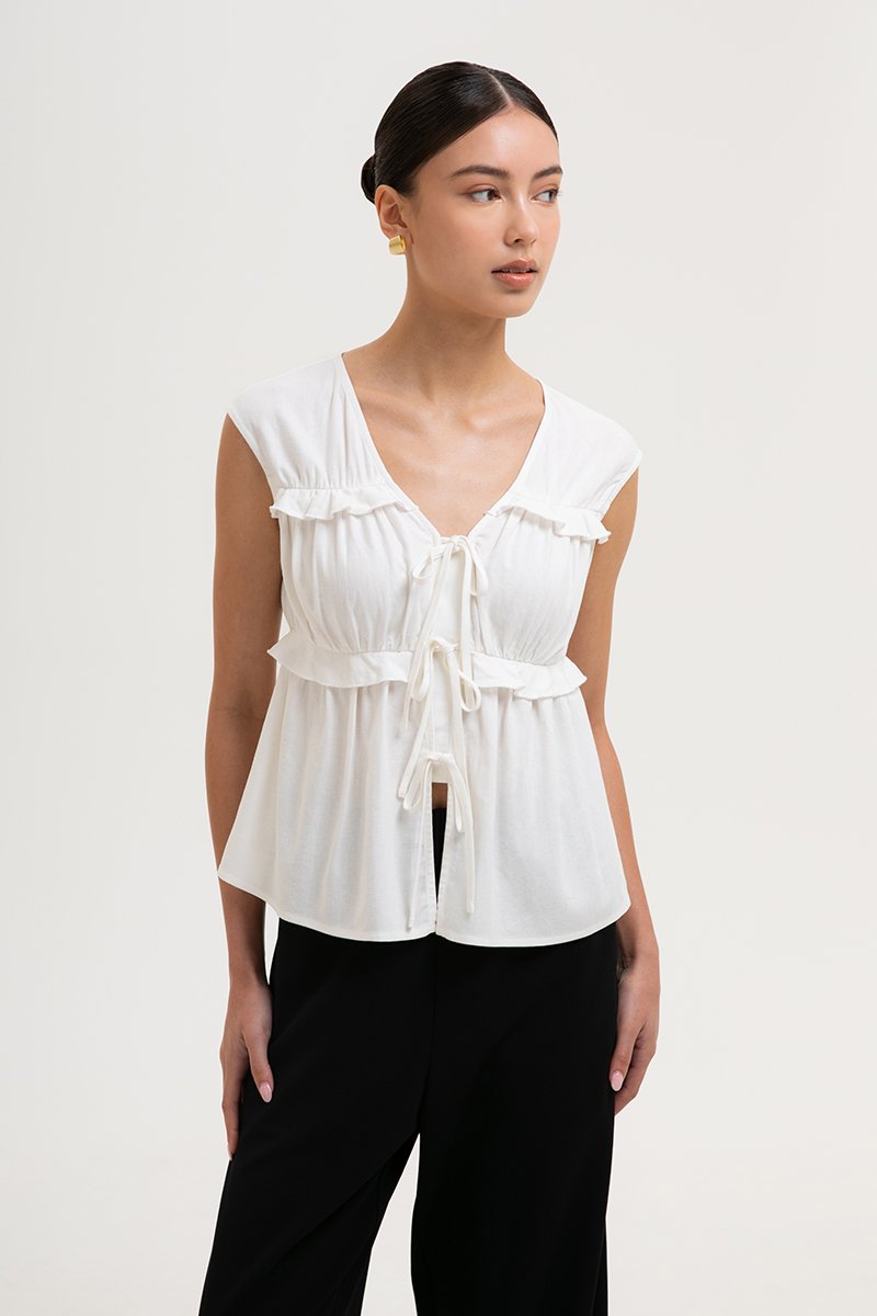 MELLISA RUFFLE TIE FRONT LINEN TOP