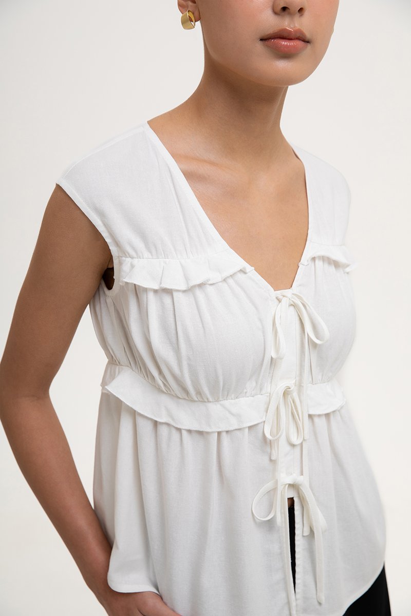 MELLISA RUFFLE TIE FRONT LINEN TOP
