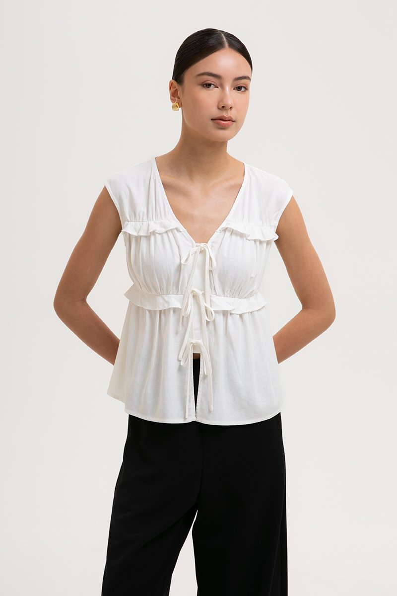 MELLISA RUFFLE TIE FRONT LINEN TOP