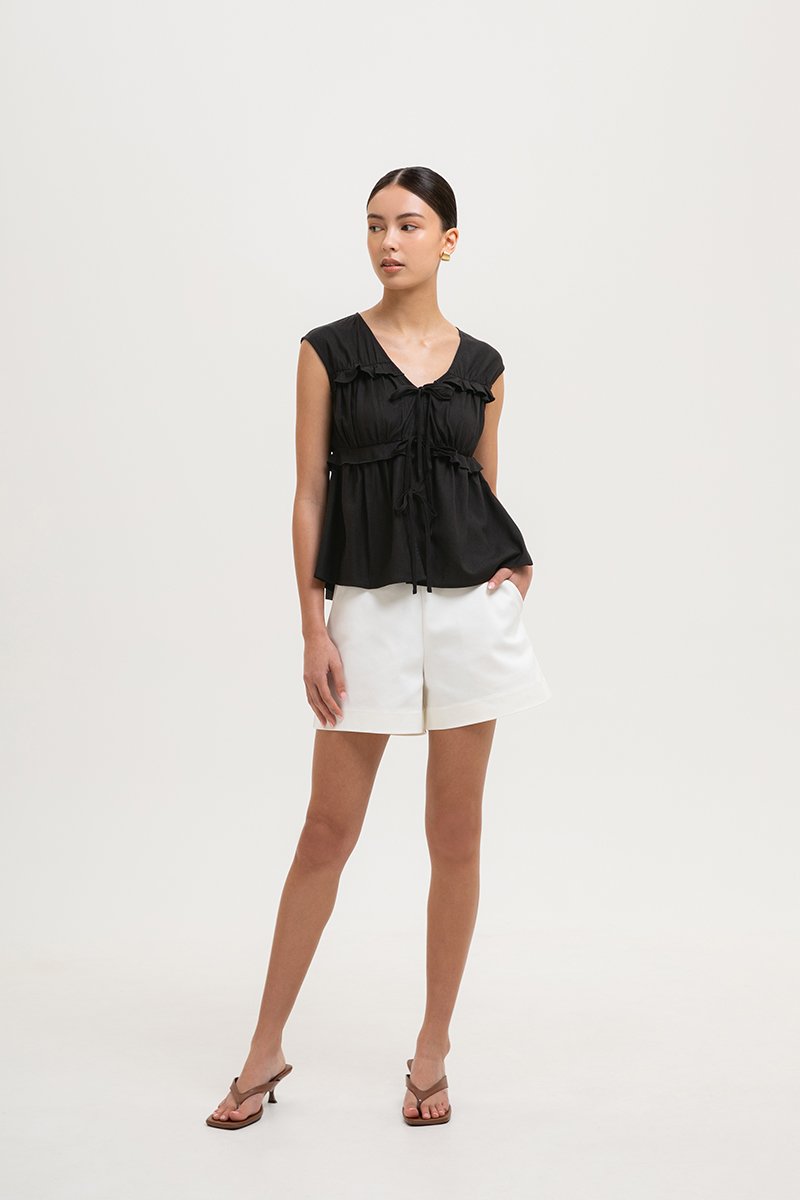 MELLISA RUFFLE TIE FRONT LINEN TOP