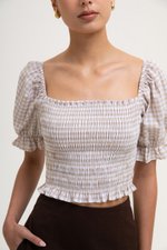 KEYLA GINGHAM SMOCKED PUFF SLEEVES CROP TOP