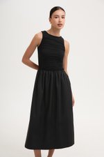 SHANAY RUCHED CONTRAST MIDI DRESS SHANAY RUCHED CONTRAST MIDI DRESS