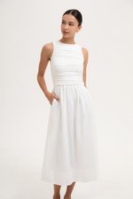 SHANAY RUCHED CONTRAST MIDI DRESS SHANAY RUCHED CONTRAST MIDI DRESS