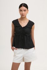 MELLISA RUFFLE TIE FRONT LINEN TOP
