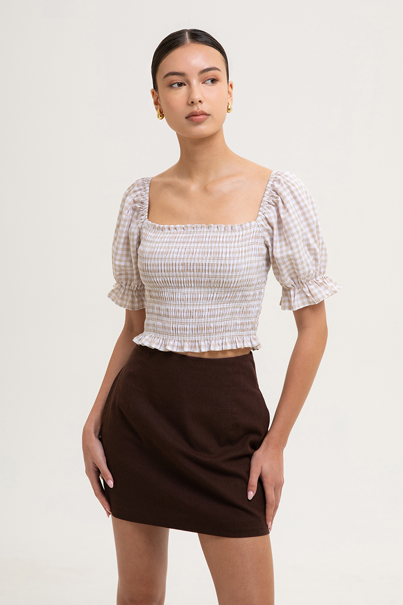 KEYLA GINGHAM SMOCKED PUFF SLEEVES CROP TOP | Love and Bravery