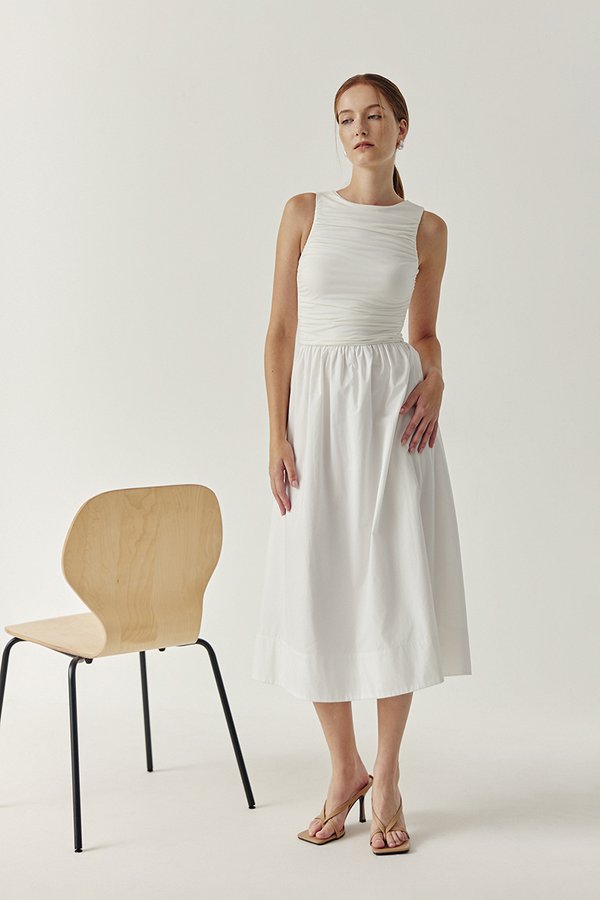 SHANAY RUCHED CONTRAST MIDI DRESS SHANAY RUCHED CONTRAST MIDI DRESS