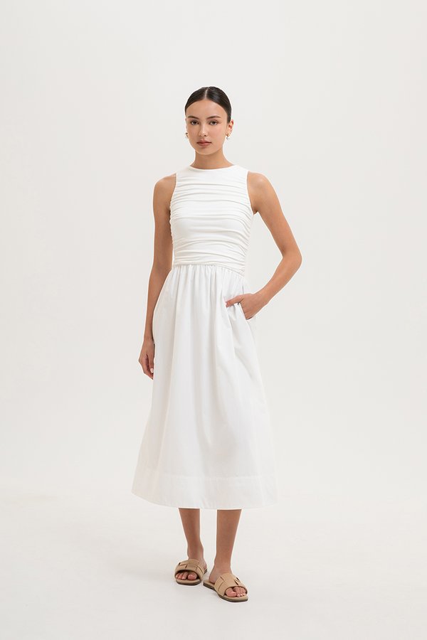 SHANAY RUCHED CONTRAST MIDI DRESS SHANAY RUCHED CONTRAST MIDI DRESS