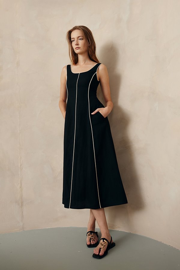 GWENDELYN CONTRAST TRIM MIDI LINEN DRESS GWENDELYN CONTRAST TRIM MIDI LINEN DRESS