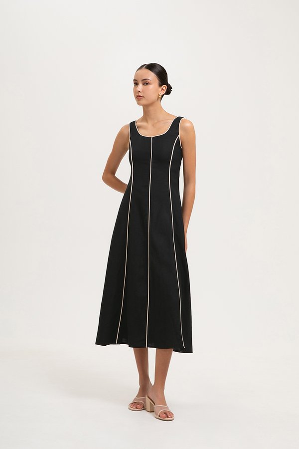 GWENDELYN CONTRAST TRIM MIDI LINEN DRESS GWENDELYN CONTRAST TRIM MIDI LINEN DRESS