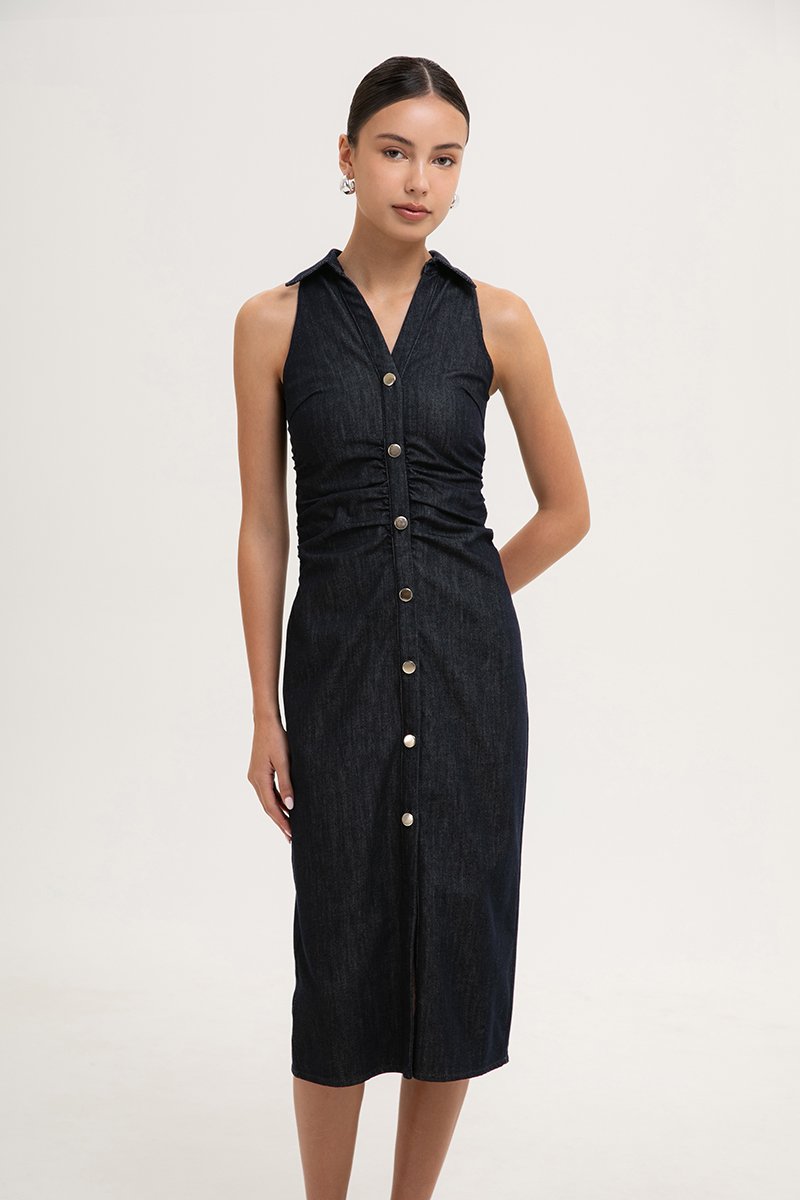 PATRINA RACER RUCHED SHIRT DENIM DRESS