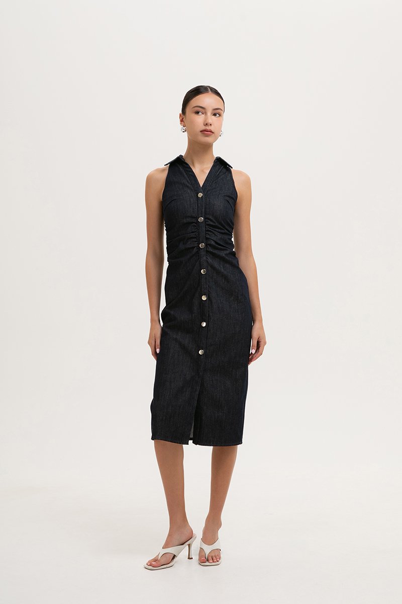 PATRINA RACER RUCHED SHIRT DENIM DRESS