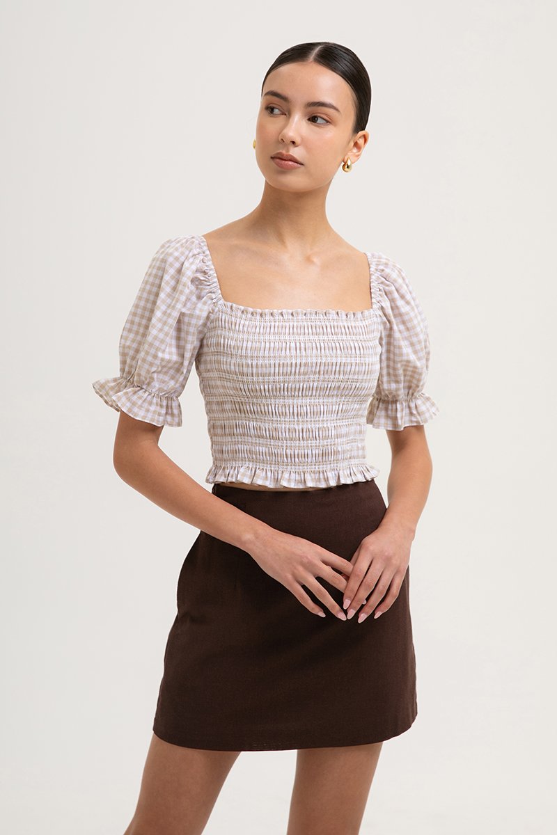 KEYLA GINGHAM SMOCKED PUFF SLEEVES CROP TOP