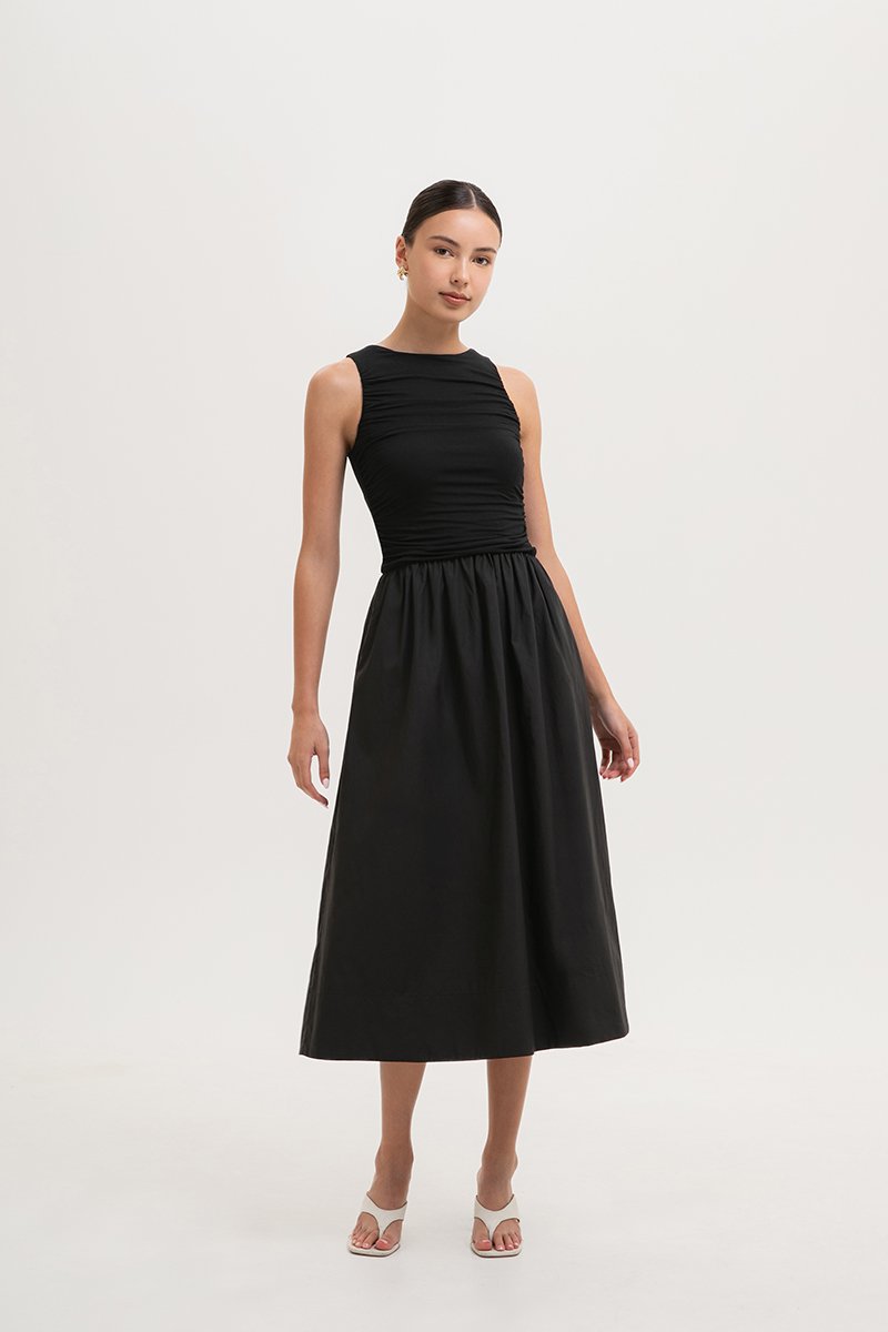 SHANAY RUCHED CONTRAST MIDI DRESS
