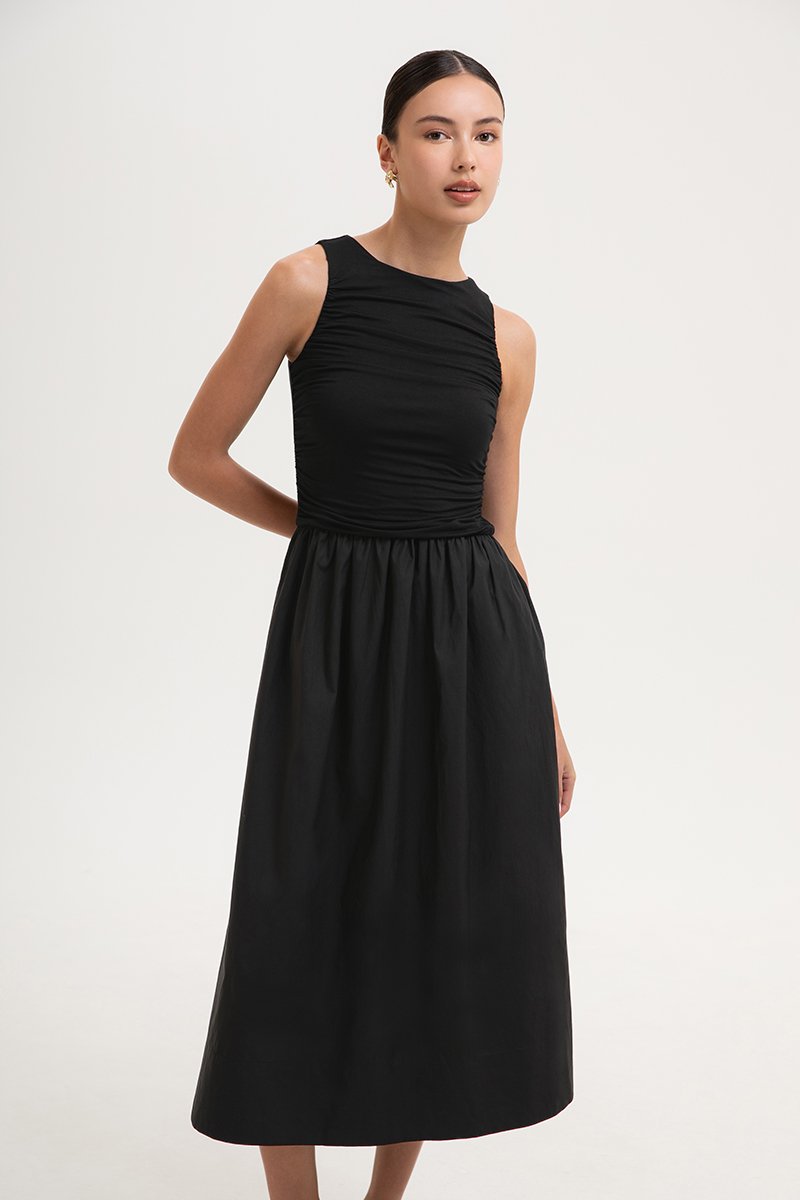 SHANAY RUCHED CONTRAST MIDI DRESS