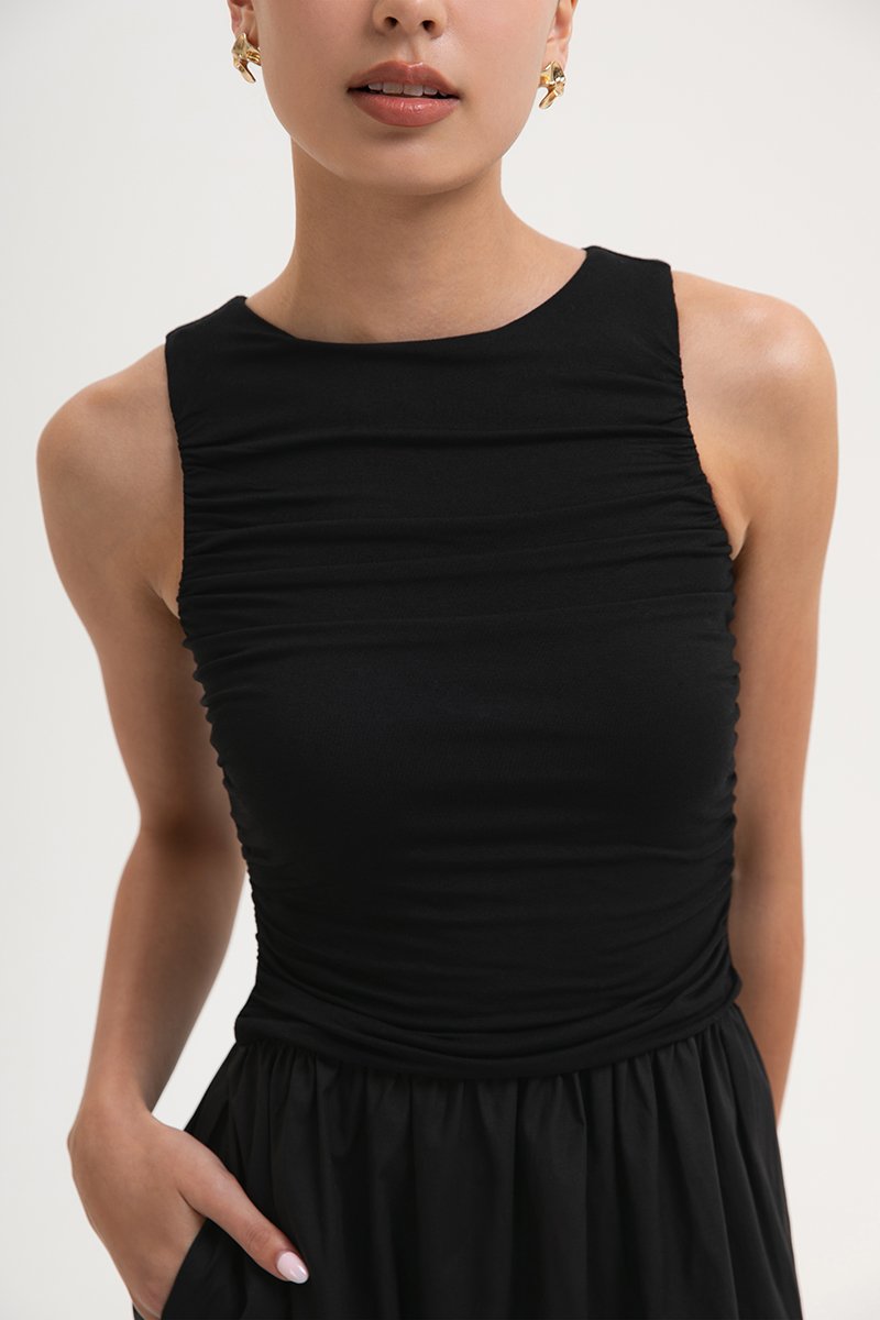 SHANAY RUCHED CONTRAST MIDI DRESS