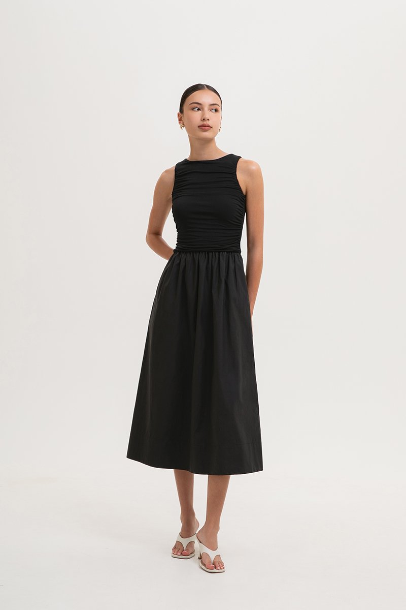 SHANAY RUCHED CONTRAST MIDI DRESS