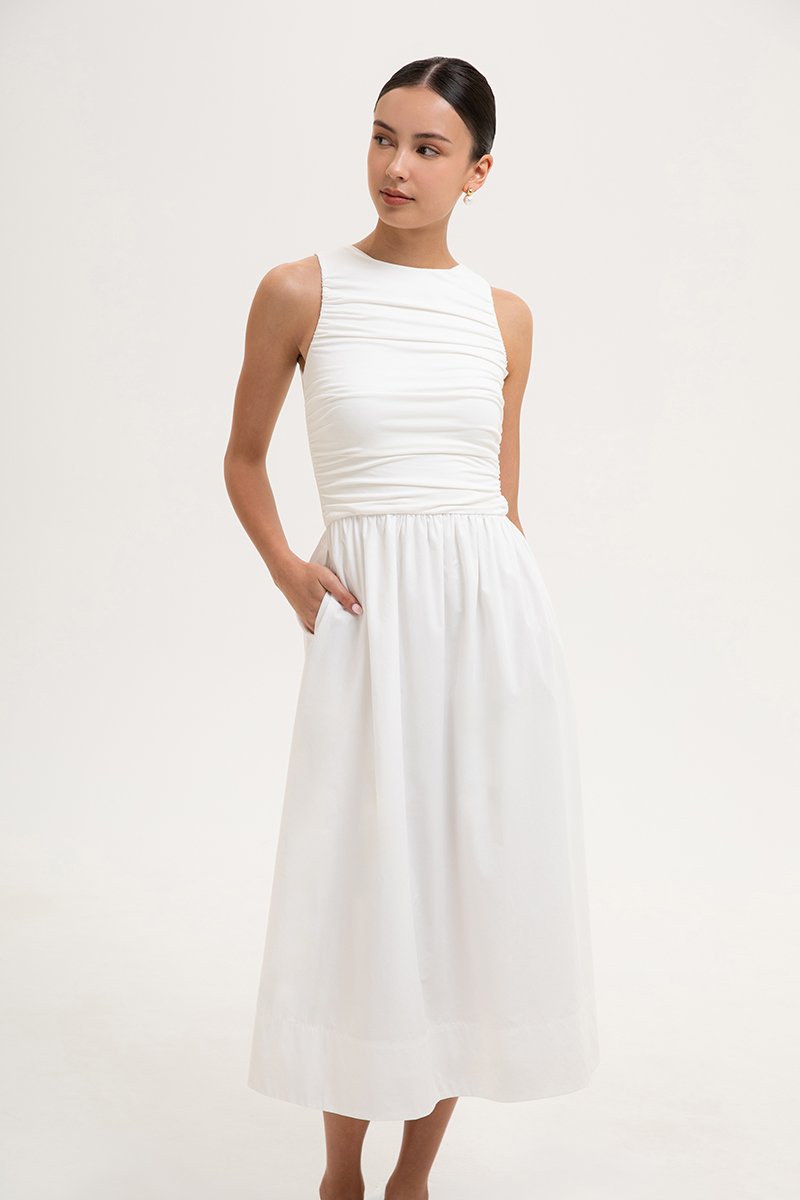 SHANAY RUCHED CONTRAST MIDI DRESS