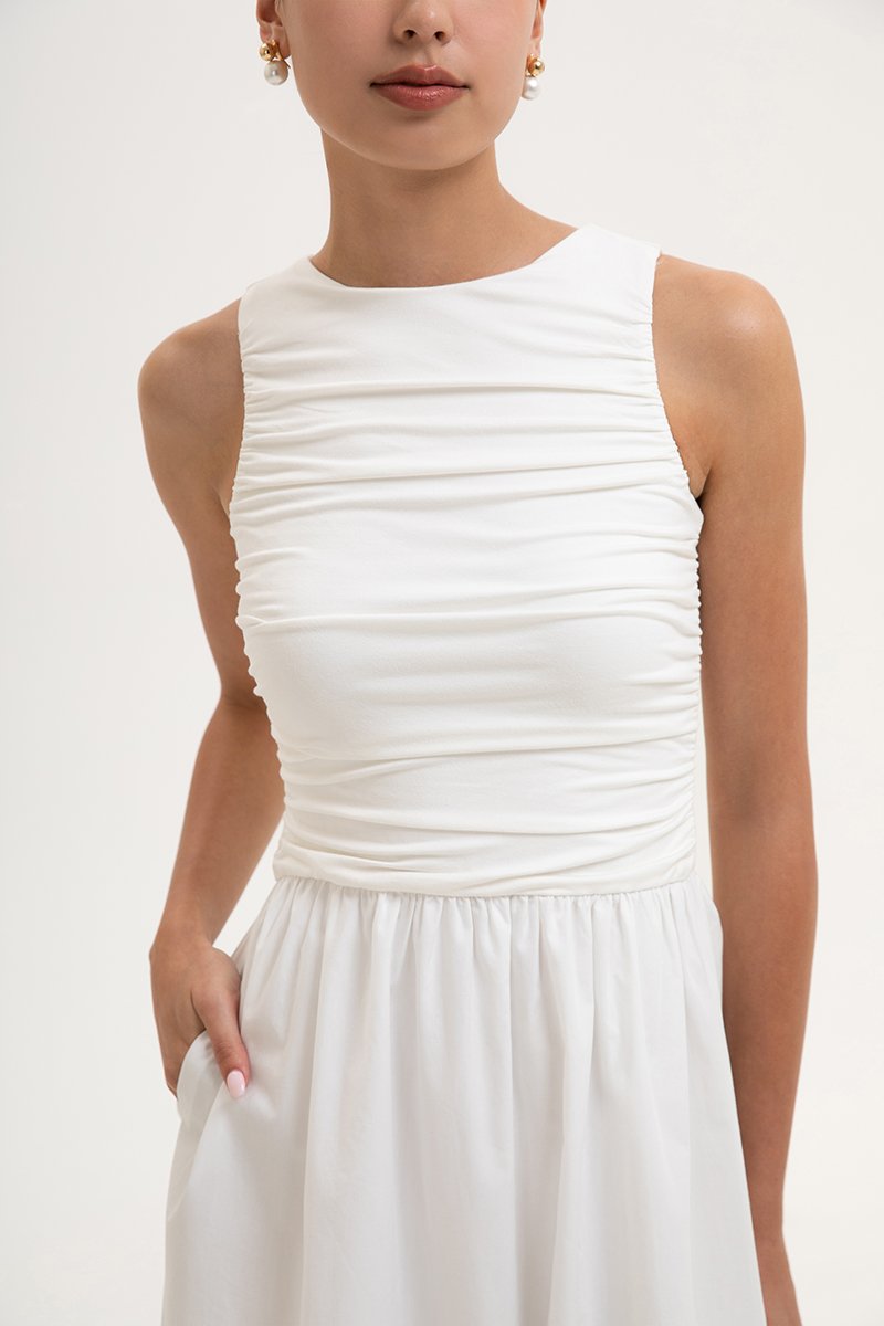 SHANAY RUCHED CONTRAST MIDI DRESS