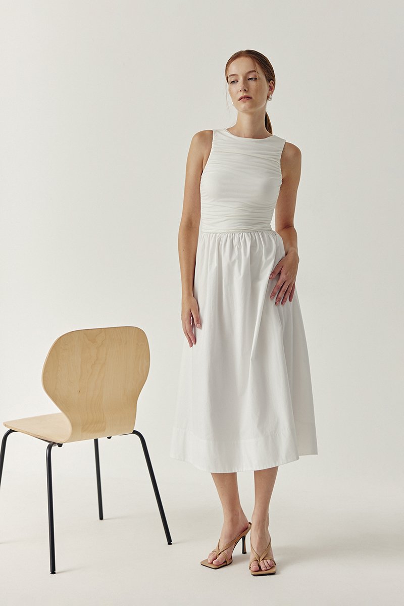 SHANAY RUCHED CONTRAST MIDI DRESS