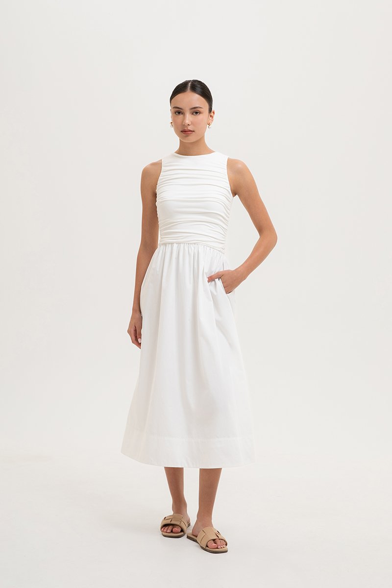 SHANAY RUCHED CONTRAST MIDI DRESS