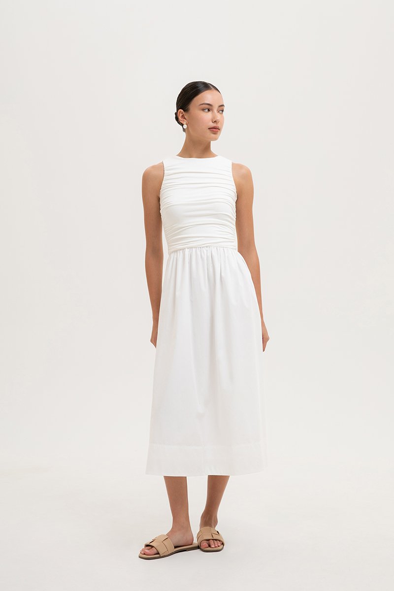 SHANAY RUCHED CONTRAST MIDI DRESS