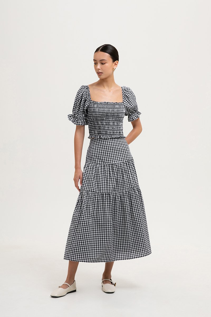 TARRA GINGHAM TIERED MIDI SKIRT