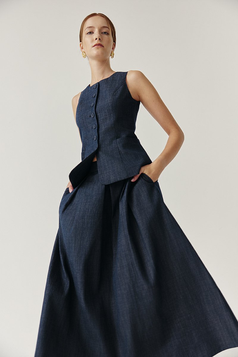 SABINE PLEATED DENIM SKIRT
