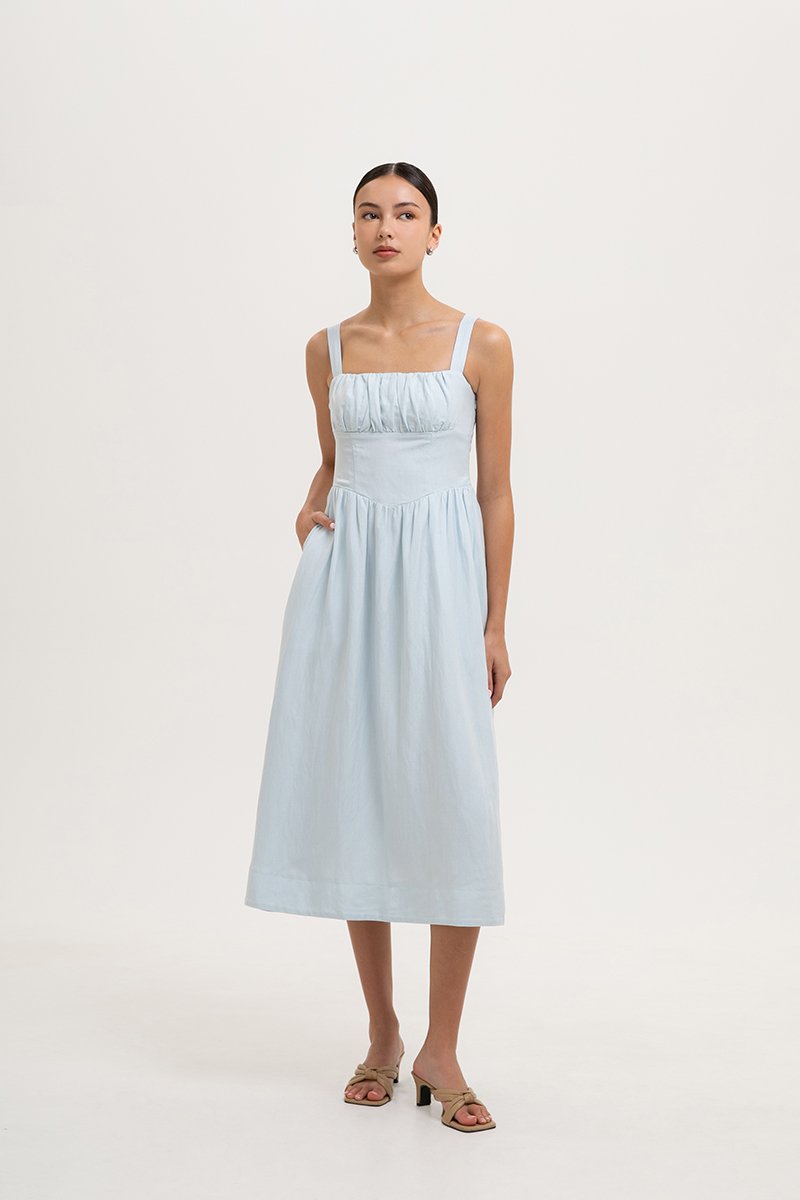 DARYA RUCHED DROP WAIST LINEN DRESS