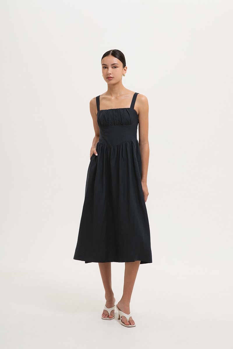DARYA RUCHED DROP WAIST LINEN DRESS