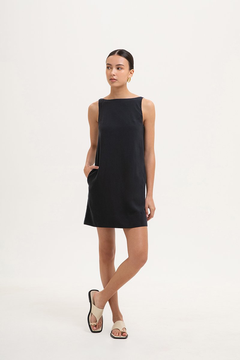 DARLIA LOW BACK SHEATH LINEN DRESS