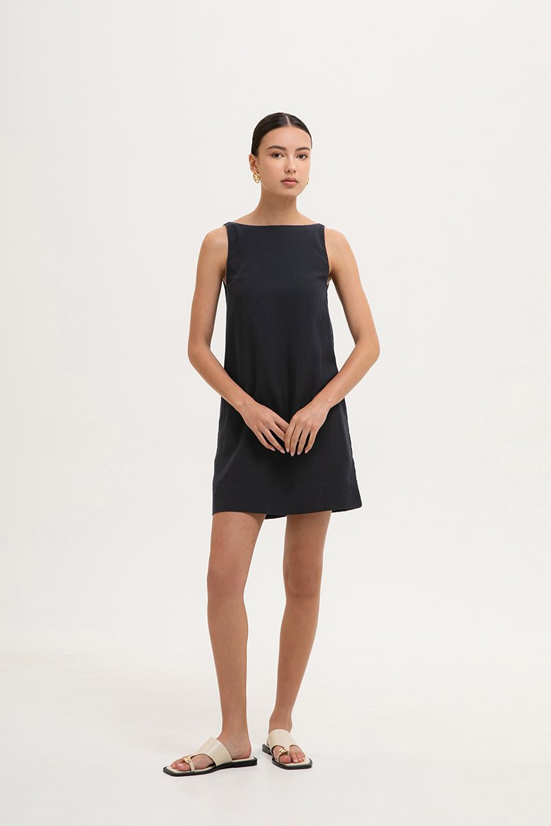 DARLIA LOW BACK SHEATH LINEN DRESS