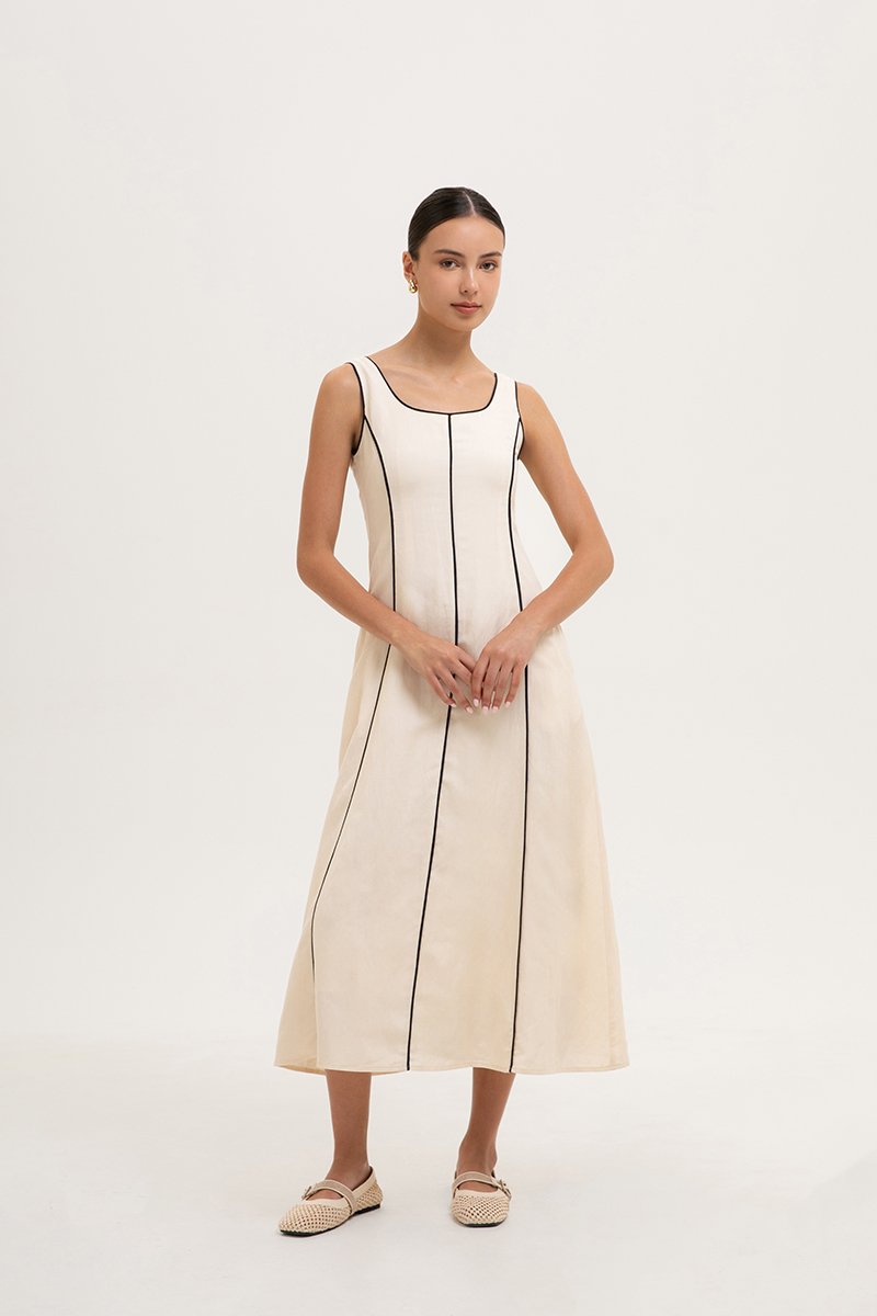 GWENDELYN CONTRAST TRIM MIDI LINEN DRESS