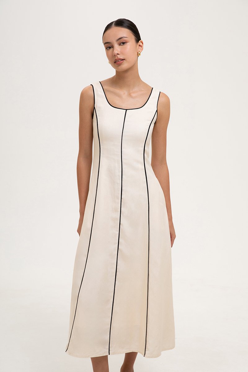 GWENDELYN CONTRAST TRIM MIDI LINEN DRESS
