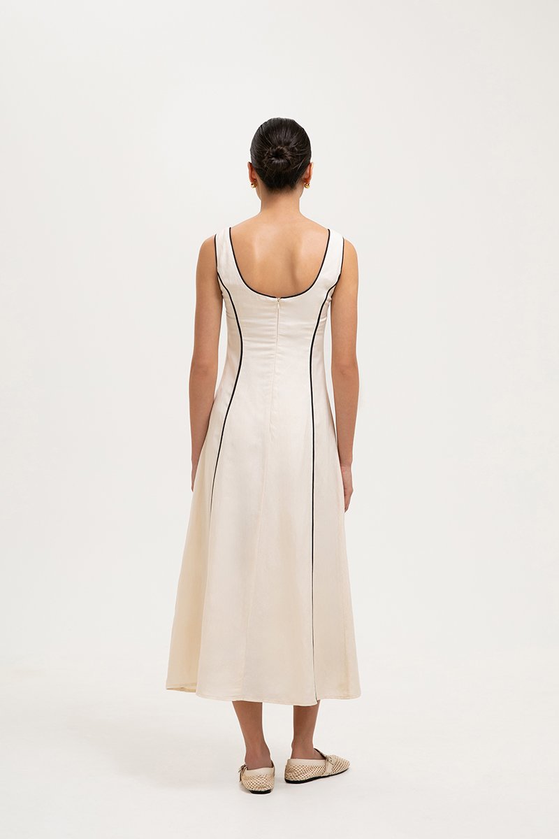 GWENDELYN CONTRAST TRIM MIDI LINEN DRESS