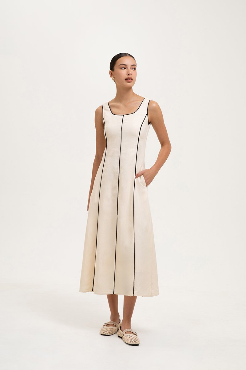 GWENDELYN CONTRAST TRIM MIDI LINEN DRESS