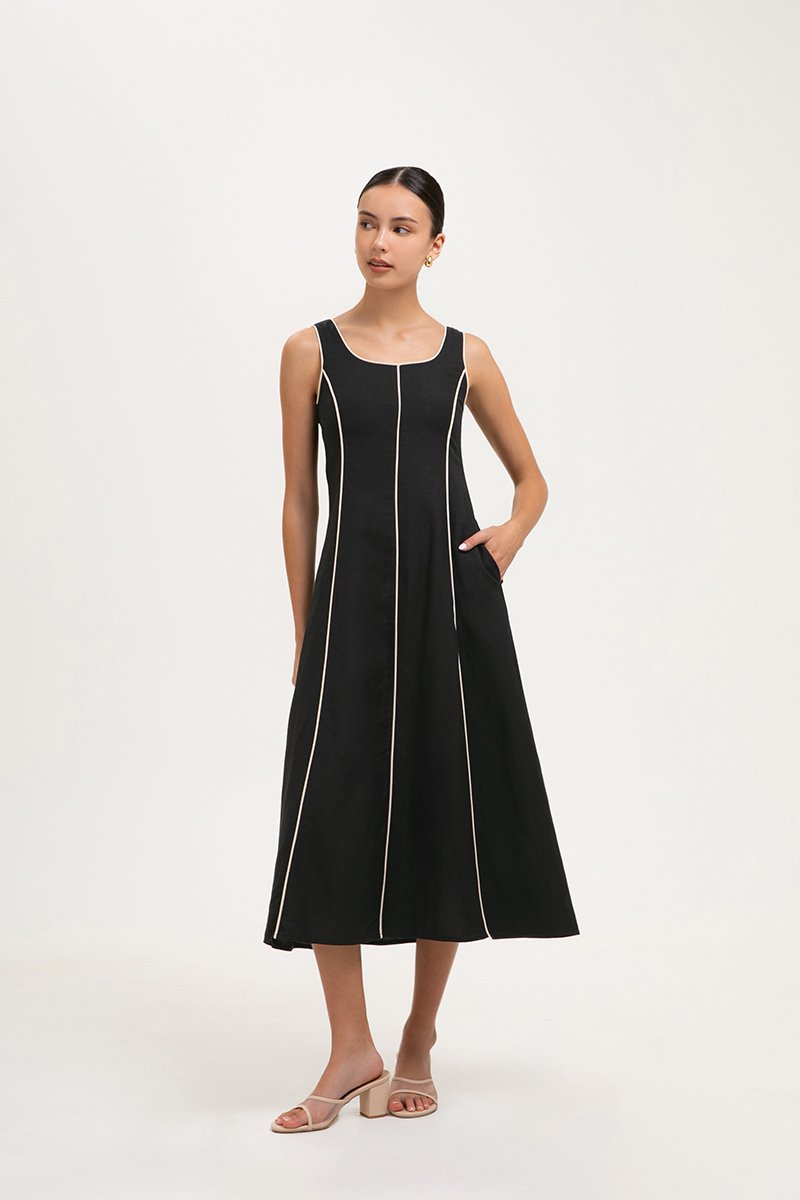 GWENDELYN CONTRAST TRIM MIDI LINEN DRESS