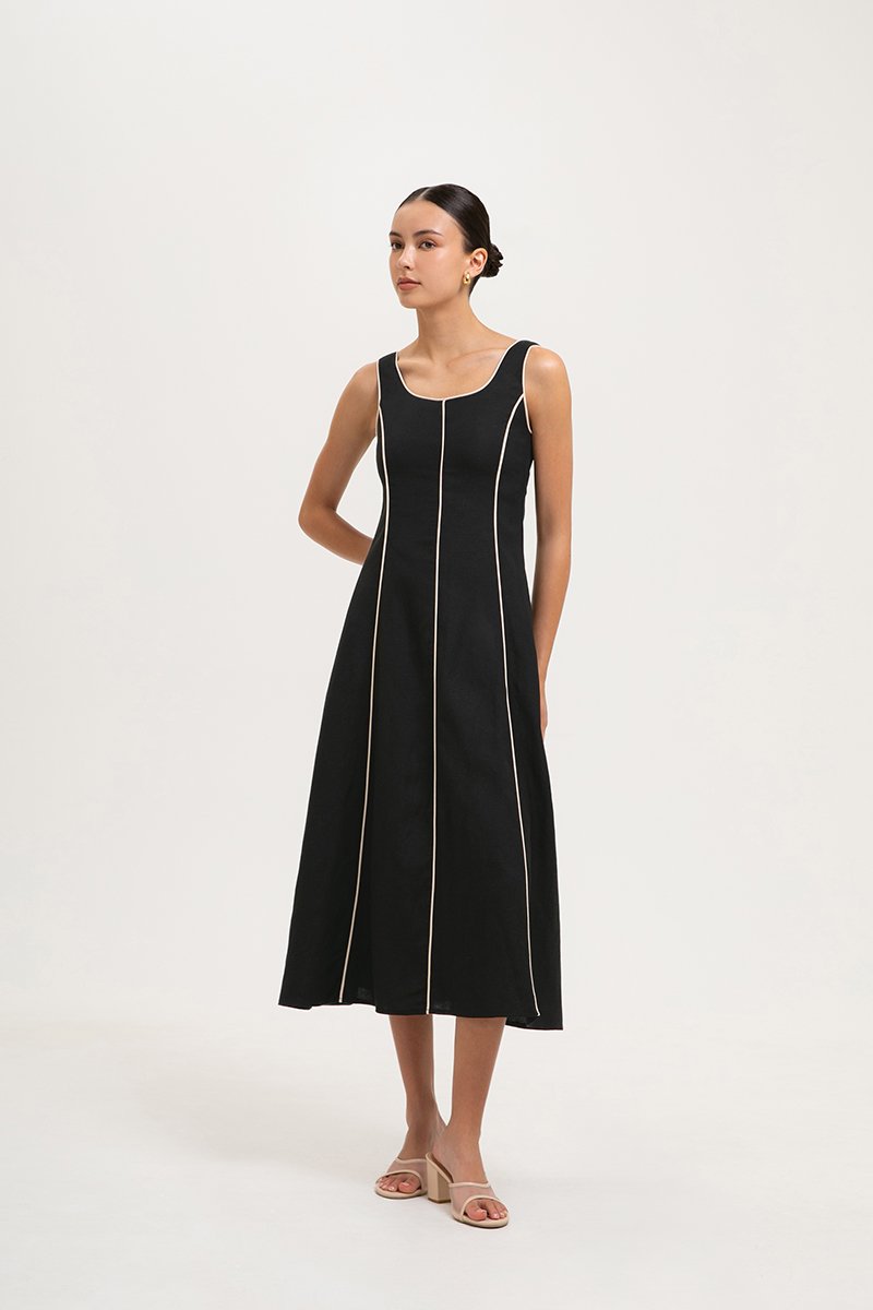 GWENDELYN CONTRAST TRIM MIDI LINEN DRESS