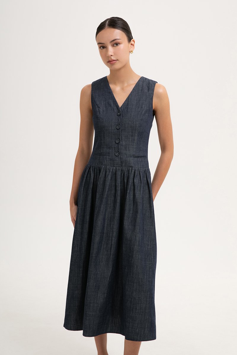 SABRINE VEST DROP WAIST DENIM MIDI DRESS