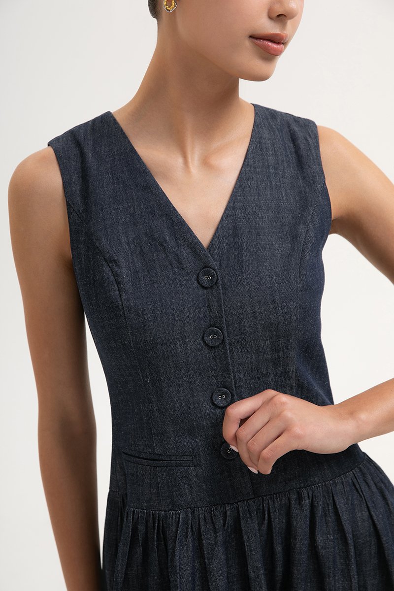 SABRINE VEST DROP WAIST DENIM MIDI DRESS