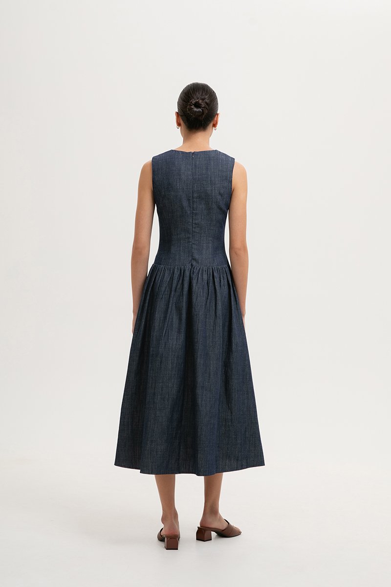SABRINE VEST DROP WAIST DENIM MIDI DRESS
