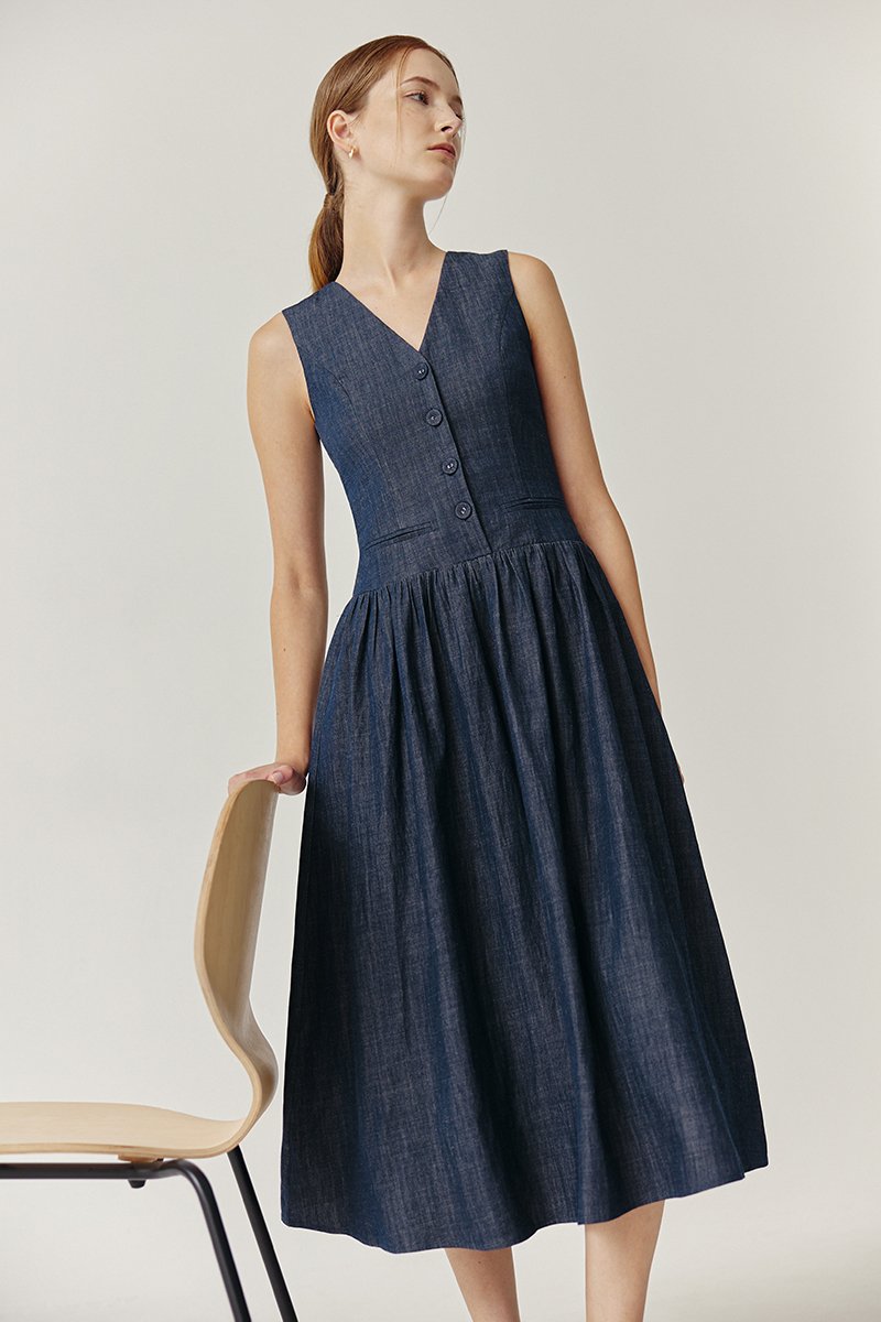 SABRINE VEST DROP WAIST DENIM MIDI DRESS