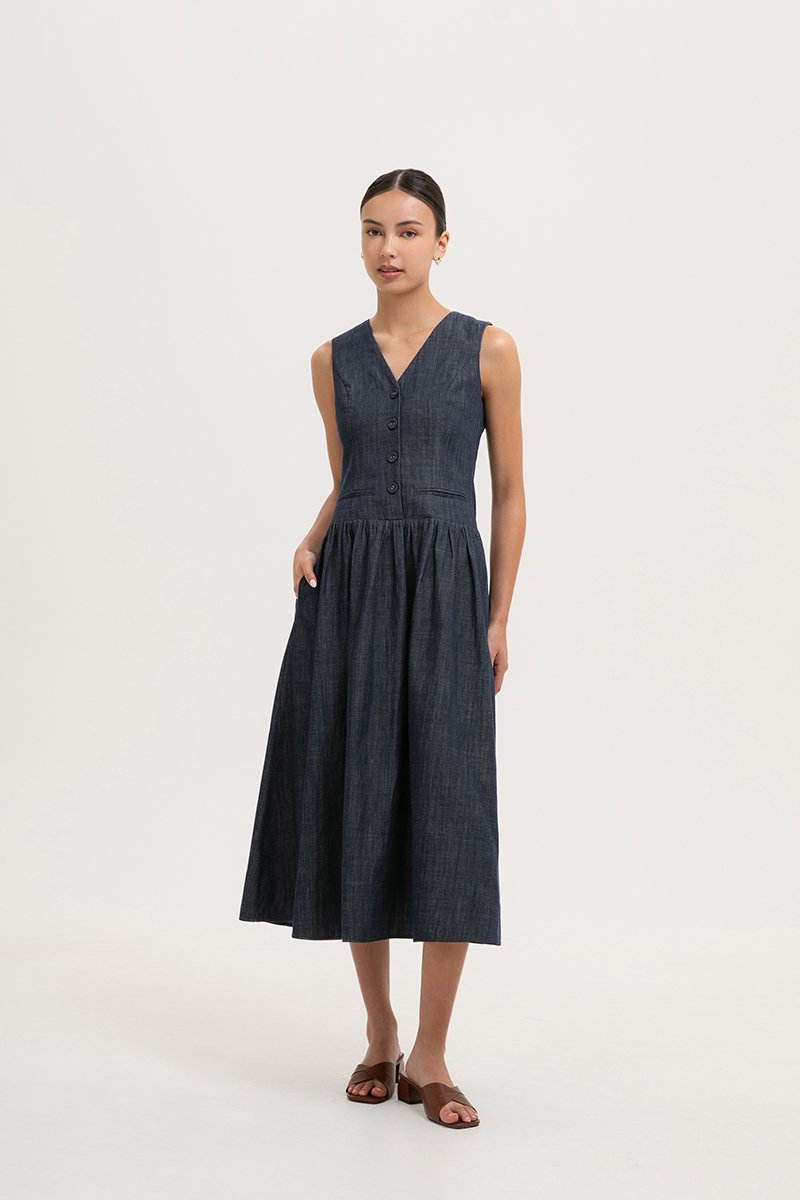 SABRINE VEST DROP WAIST DENIM MIDI DRESS