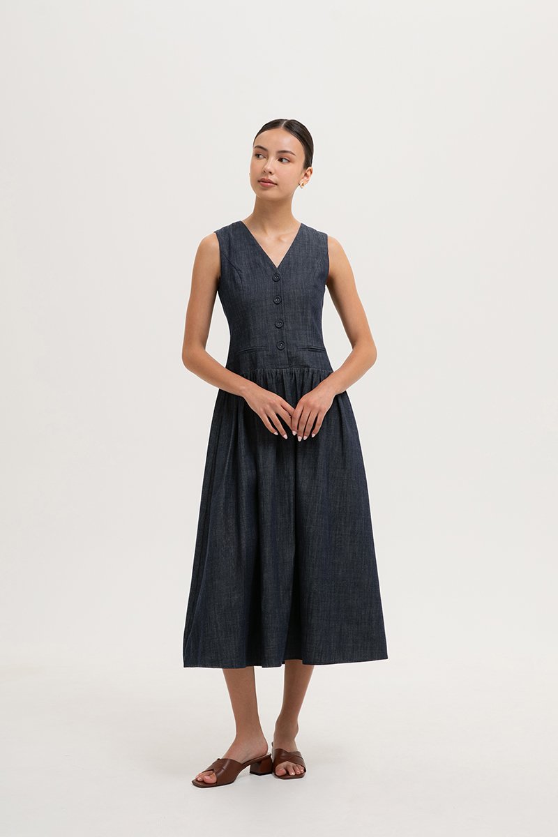 SABRINE VEST DROP WAIST DENIM MIDI DRESS