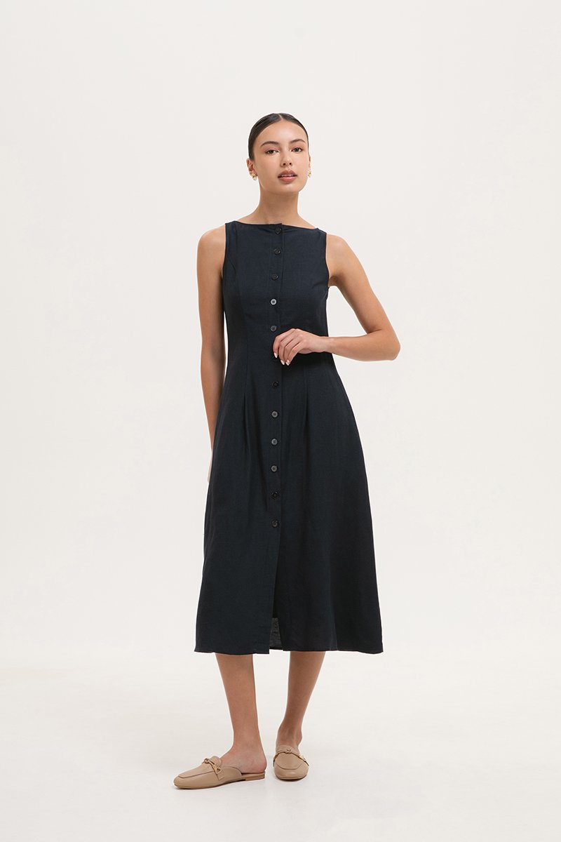 CLAUDINE BUTTON DOWN LINEN MIDI DRESS