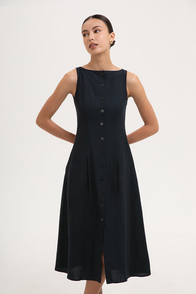 CLAUDINE BUTTON DOWN LINEN MIDI DRESS